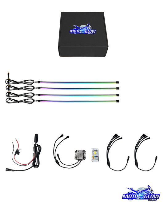 [4 Lights] MotoGlow 4-light kit lighting a motorcycle's forks and tail section